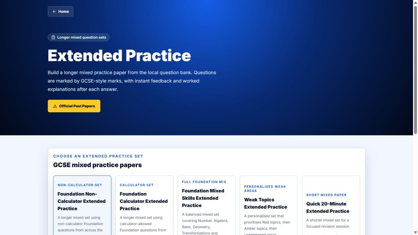 Actual Extended Practice screen, captured with fictional sample data