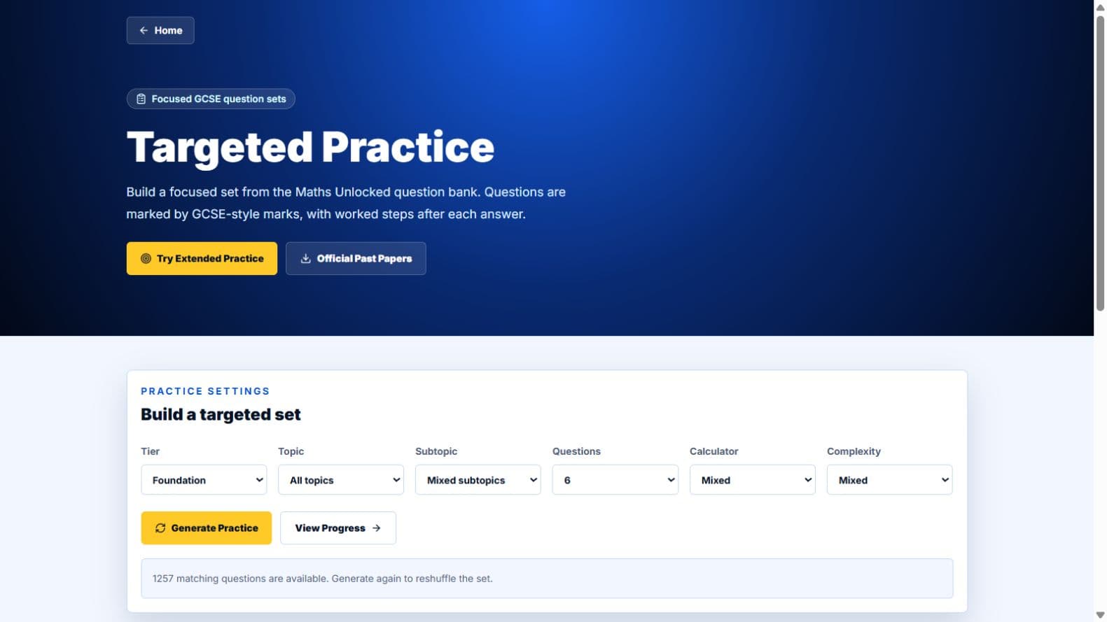Actual Targeted Practice screen, captured with fictional sample data