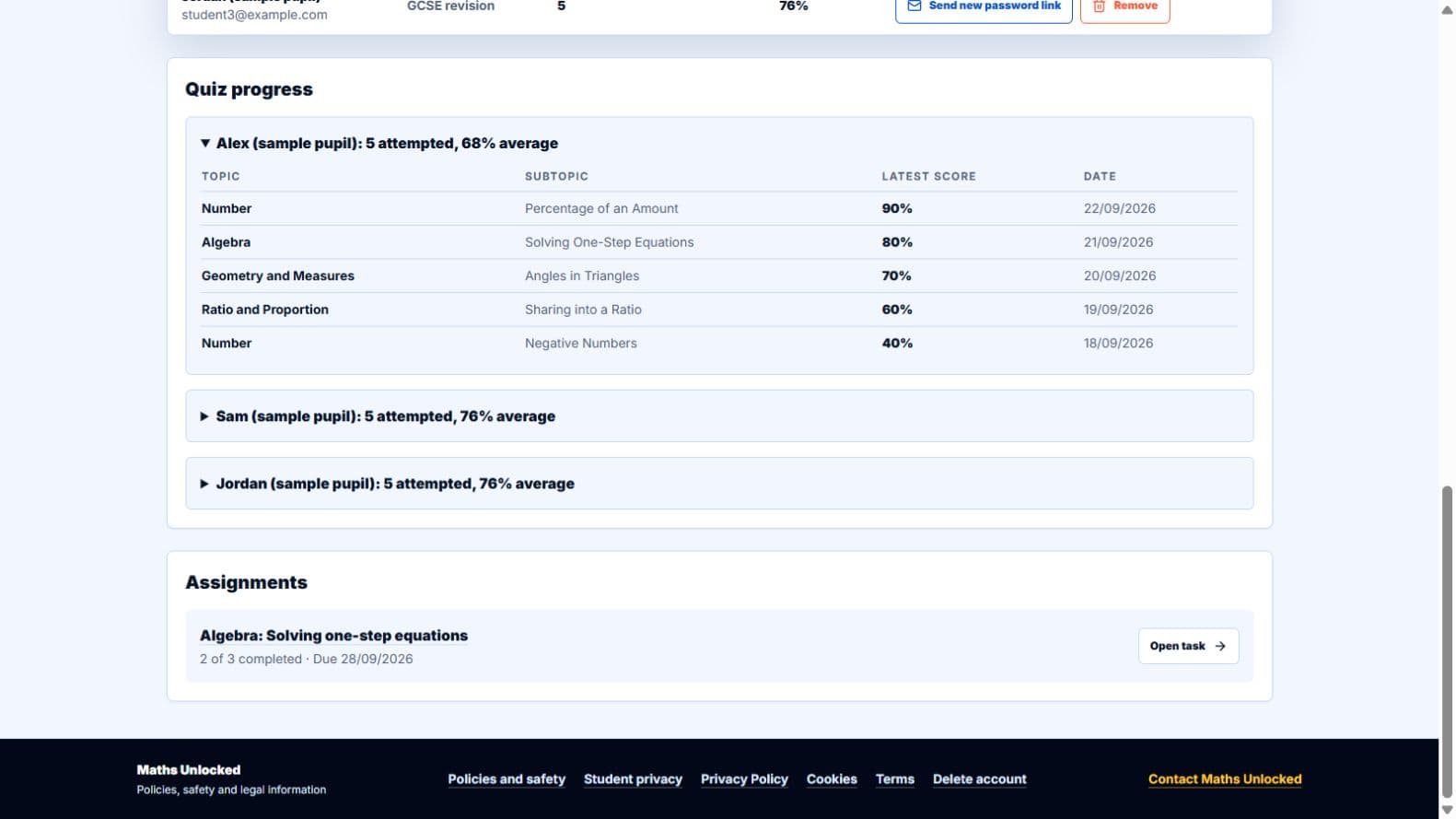 Actual Tutor Dashboard screen showing more detail, captured with fictional sample data