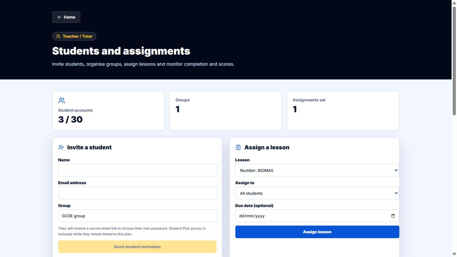 Actual Tutor Dashboard screen, captured with fictional sample data