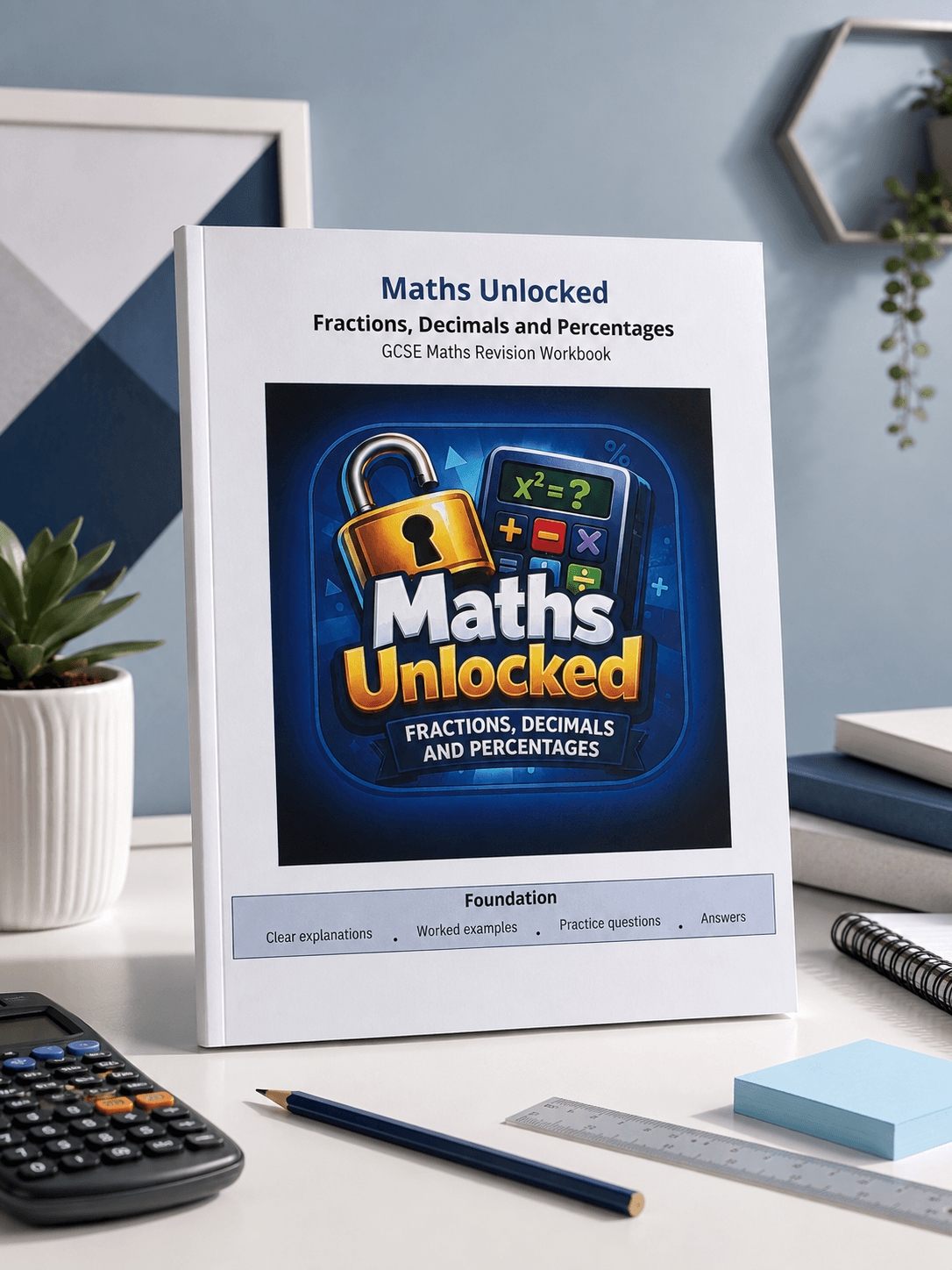 Maths Unlocked: Fractions, Decimals and Percentages Foundation GCSE Maths revision workbook cover