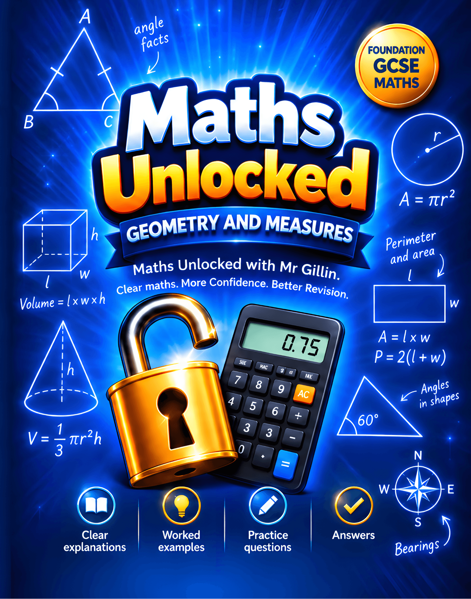 Front cover of Maths Unlocked: Geometry and Measures, Foundation GCSE Maths workbook
