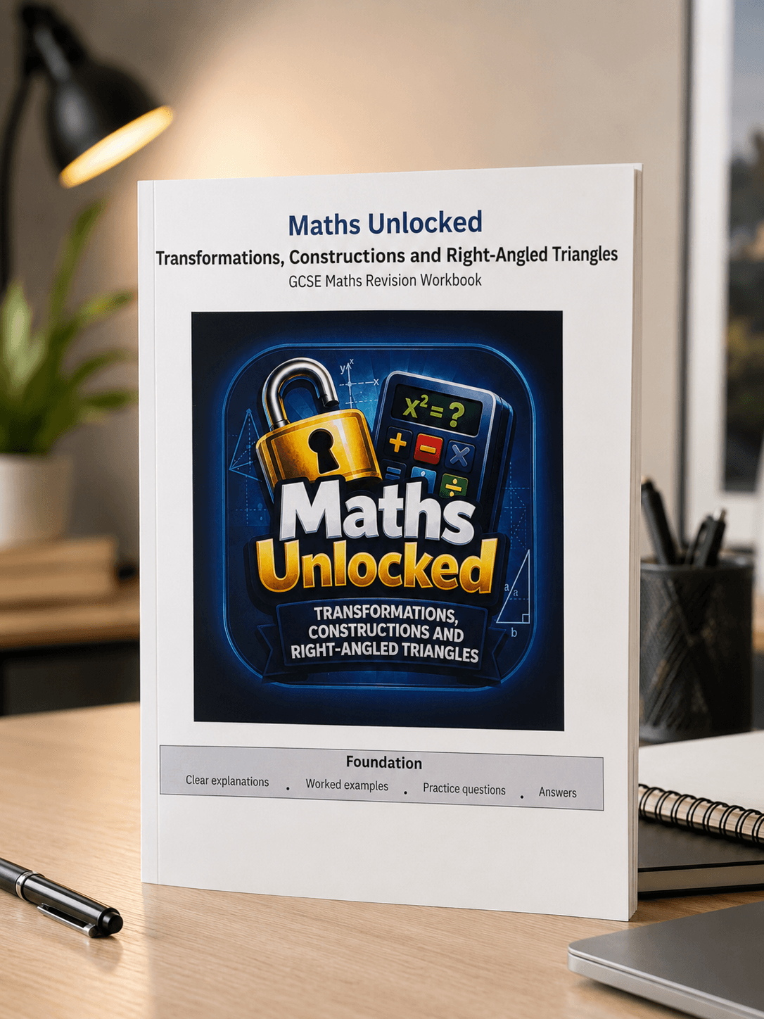 Maths Unlocked: Transformations, Constructions and Right-Angled Triangles Foundation GCSE Maths revision workbook cover