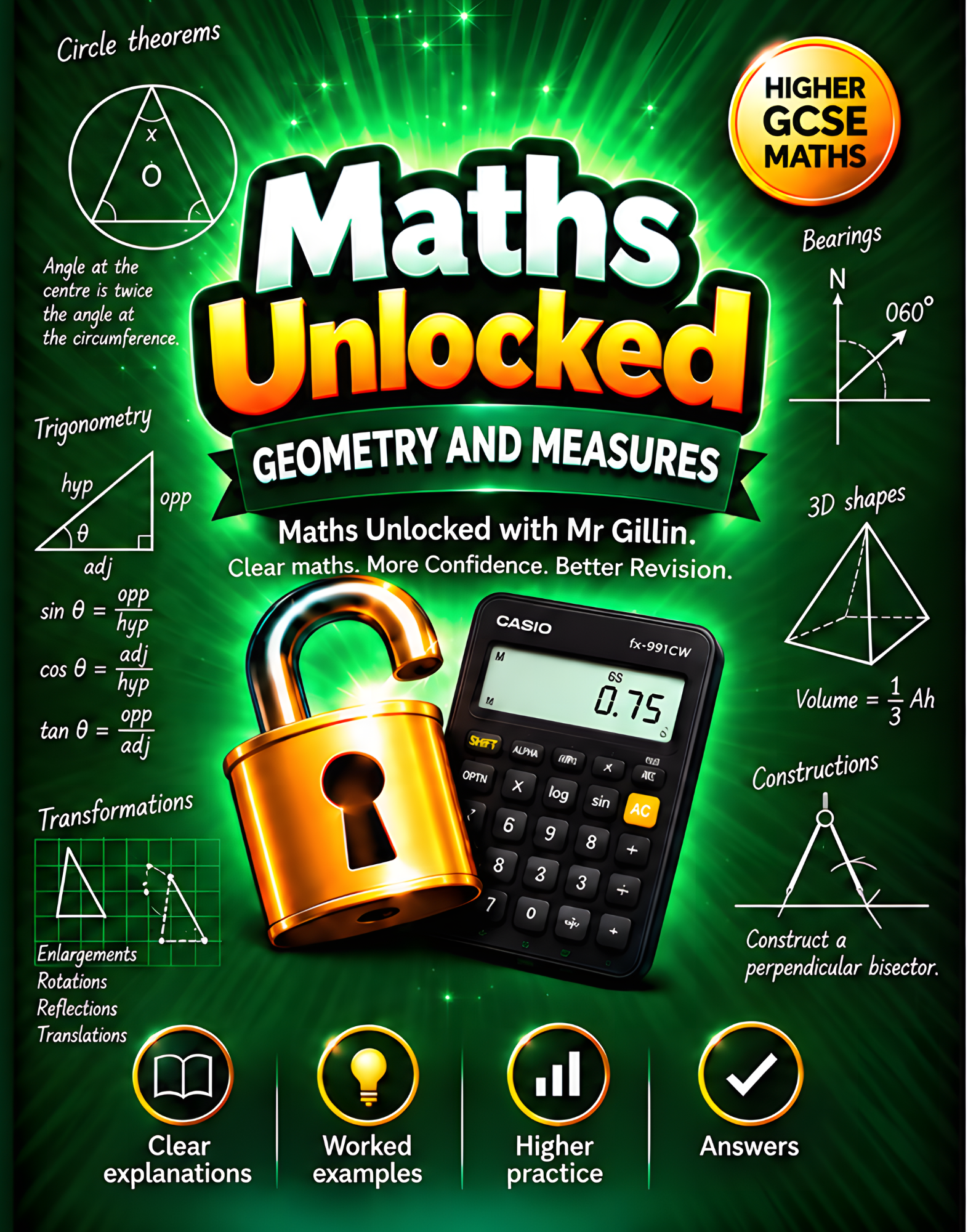 Front cover of Maths Unlocked Higher: Geometry and Measures, Higher GCSE Maths workbook