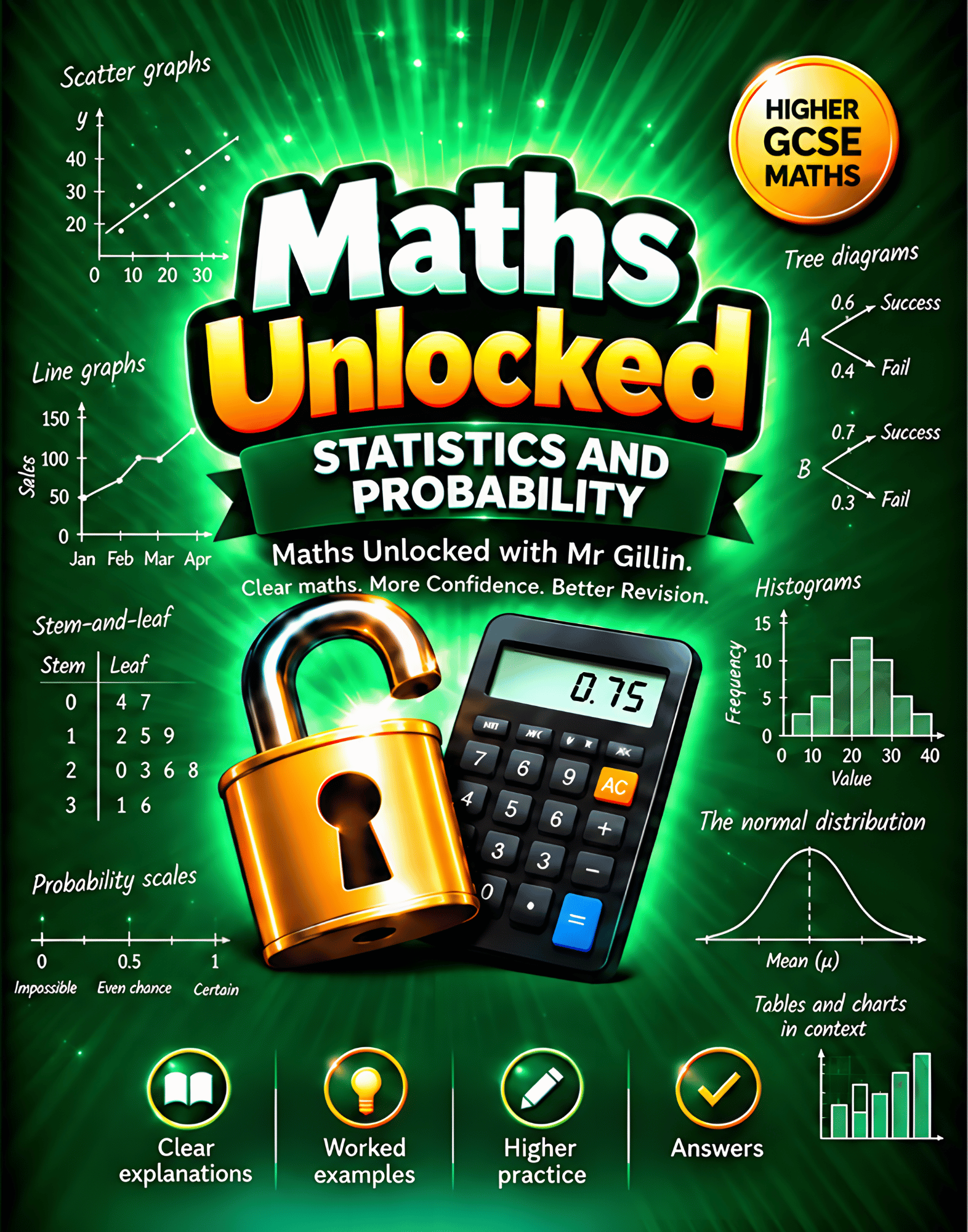 Front cover of Maths Unlocked Higher: Statistics and Probability, Higher GCSE Maths workbook